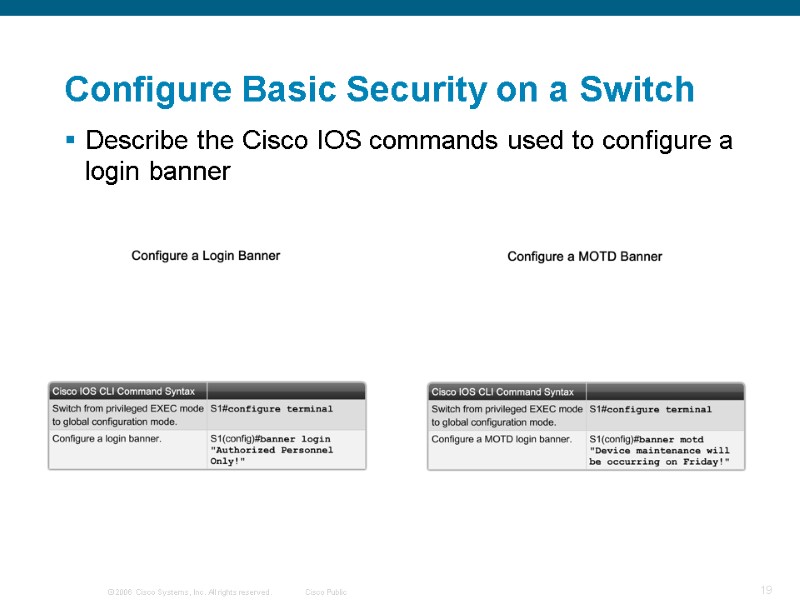 Describe the Cisco IOS commands used to configure a login banner   